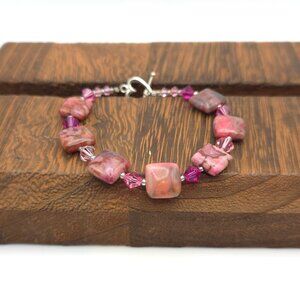 7 Inch 925 Sterling Silver Pink Red Brown Stones Bracelet